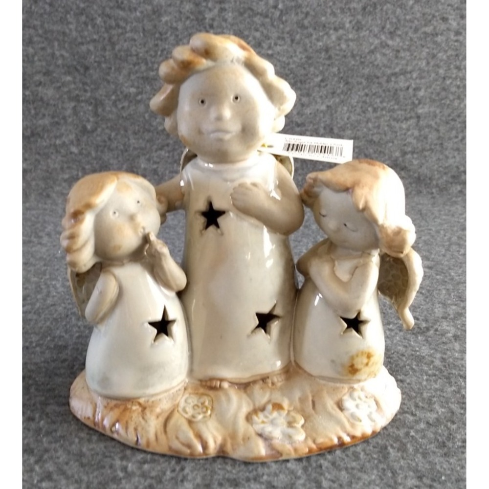 Angel Trio Ceramic Candle Holder Glazed Star‎ Luminary w/ Tealight Christmas NEW